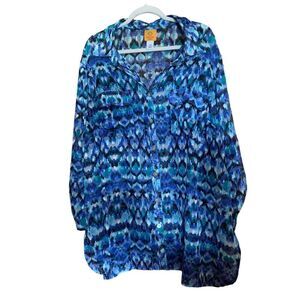 Ruby Rd Plus Size 22W Blue Multicolor Boho Print Burnout Button Shirt Blouse Top